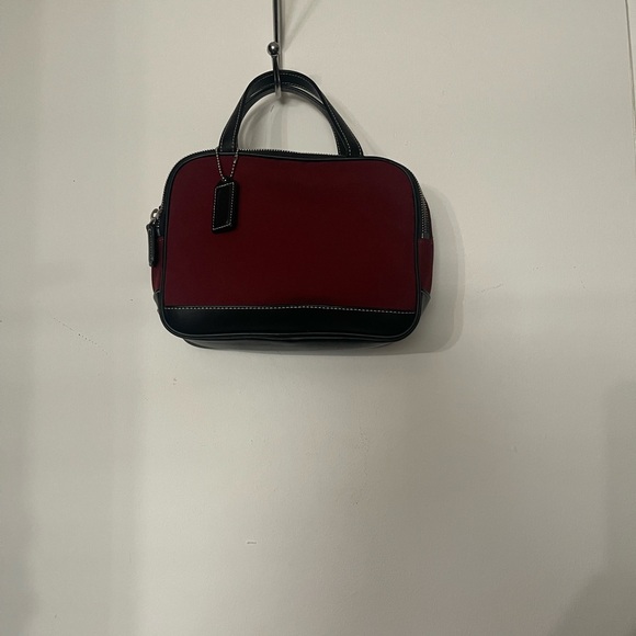 Coach mini satchel burgundy canvas with black leather trim and straps - Picture 2 of 5